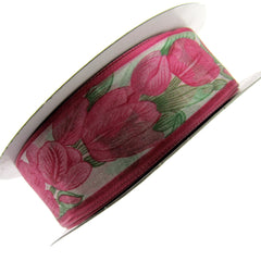 Roll of wires chiffon ribbon with pink tulips.  Front facing picture