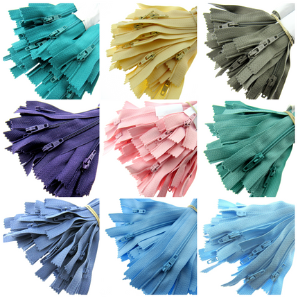 A product display grid highlighting a selection of soft pastel coloured Trebla closed end nylon zips for dressmaking.