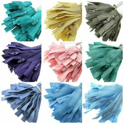 A product display grid highlighting a selection of soft pastel coloured Trebla closed end nylon zips for dressmaking.
