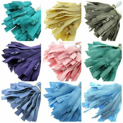 A product display grid highlighting a selection of soft pastel coloured Trebla closed end nylon zips for dressmaking.
