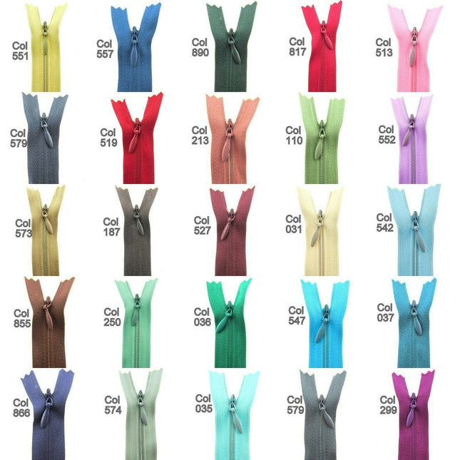 Collection of colorful zippers in various colors with labels.