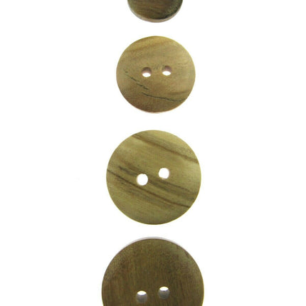 A set of four olive wood domed buttons of varying sizes with two hole designs, arranged vertically on a plain background.