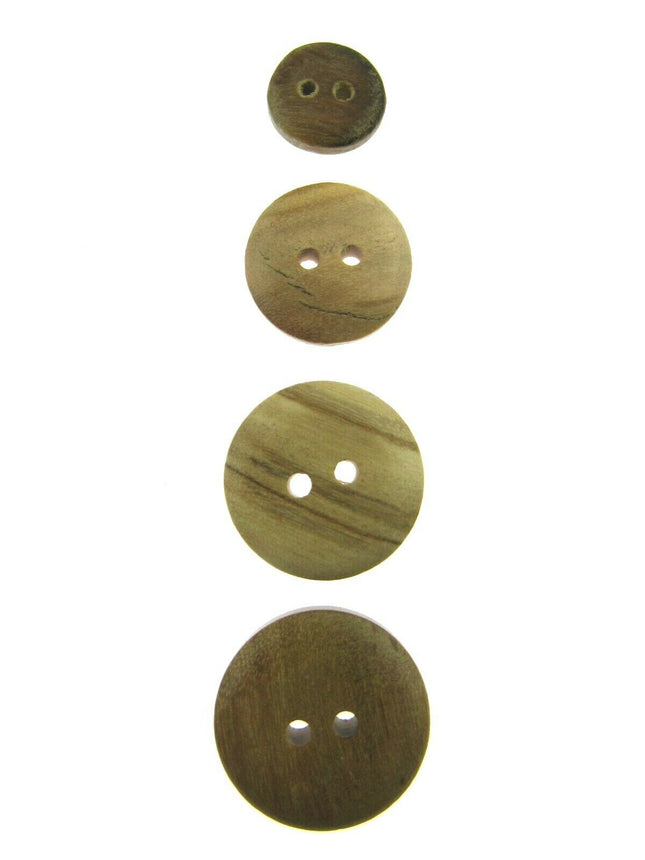 A set of four olive wood domed buttons of varying sizes with two hole designs, arranged vertically on a plain background.