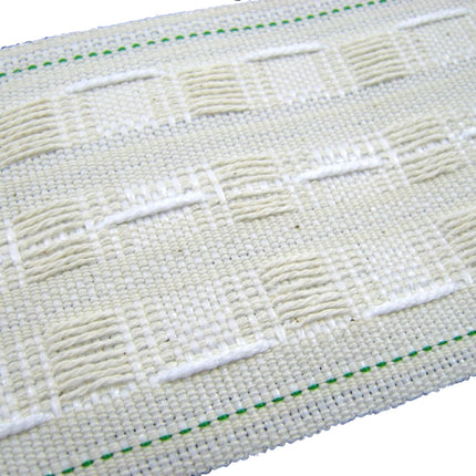 Close-up of a three inch cotton mix curtain tape on a white background