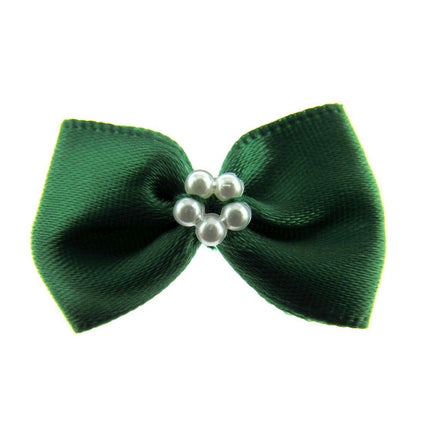 Satin Ribbon Bows With Pearl Ring - "Bow Tie Bows" - 14 Colours - (34mm x 22mm) - ThreadandTrimmings