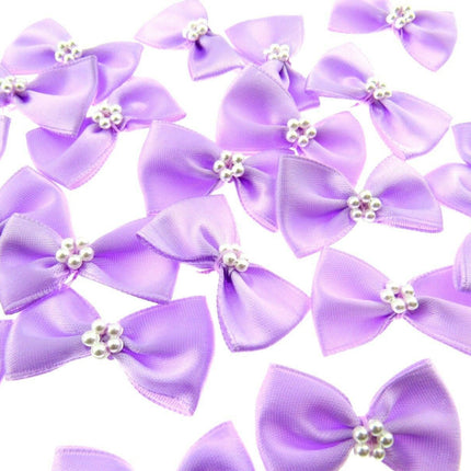 Satin Ribbon Bows With Pearl Ring - "Bow Tie Bows" - 14 Colours - (34mm x 22mm) - ThreadandTrimmings