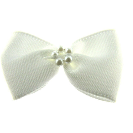 Satin Ribbon Bows With Pearl Ring - "Bow Tie Bows" - 14 Colours - (34mm x 22mm) - ThreadandTrimmings