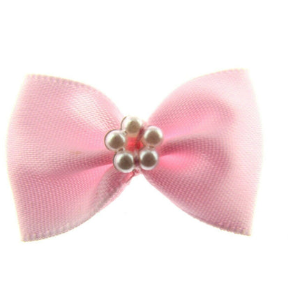Satin Ribbon Bows With Pearl Ring - "Bow Tie Bows" - 14 Colours - (34mm x 22mm) - ThreadandTrimmings
