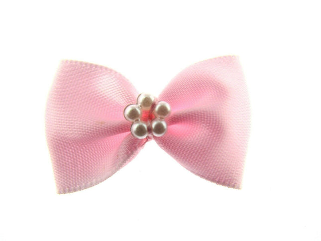 Satin Ribbon Bows With Pearl Ring - "Bow Tie Bows" - 14 Colours - (34mm x 22mm) - ThreadandTrimmings