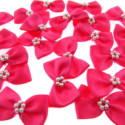 Satin Ribbon Bows With Pearl Ring - "Bow Tie Bows" - 14 Colours - (34mm x 22mm) - ThreadandTrimmings