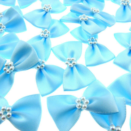 Satin Ribbon Bows With Pearl Ring - "Bow Tie Bows" - 14 Colours - (34mm x 22mm) - ThreadandTrimmings
