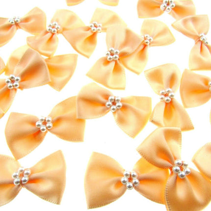 Satin Ribbon Bows With Pearl Ring - "Bow Tie Bows" - 14 Colours - (34mm x 22mm) - ThreadandTrimmings