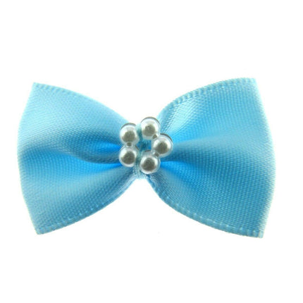 Satin Ribbon Bows With Pearl Ring - "Bow Tie Bows" - 14 Colours - (34mm x 22mm) - ThreadandTrimmings