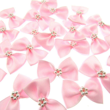 Satin Ribbon Bows With Pearl Ring - "Bow Tie Bows" - 14 Colours - (34mm x 22mm) - ThreadandTrimmings