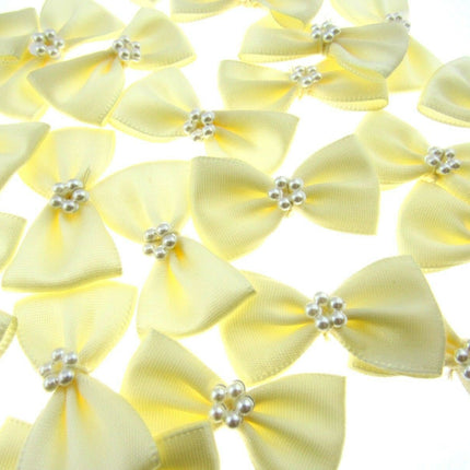Satin Ribbon Bows With Pearl Ring - "Bow Tie Bows" - 14 Colours - (34mm x 22mm) - ThreadandTrimmings
