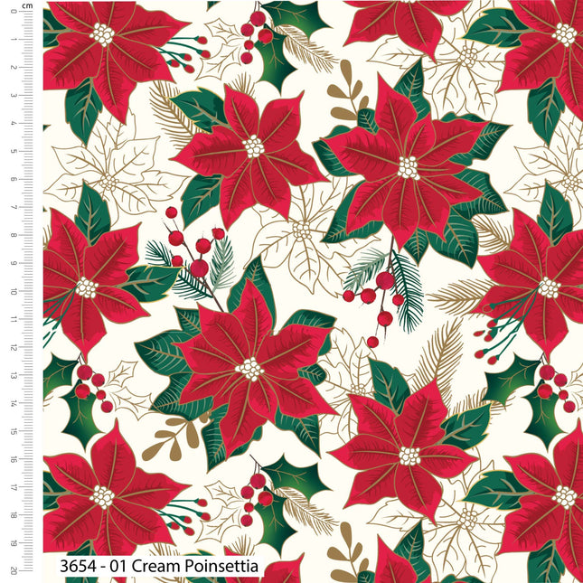 Christmas Cotton Quilting Fabric Holly & Poinsettia Cream 112cm Wide 3654