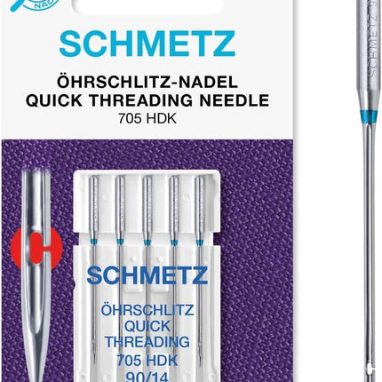 Packaging of SCHMETZ quick threading sewing machine needles for domestic machines, with one needle displayed in detail.
