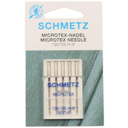 Packaging of SCHMETZ Microtex sewing machine needles, with five needles visible in a clear case against a blue fabric background.
