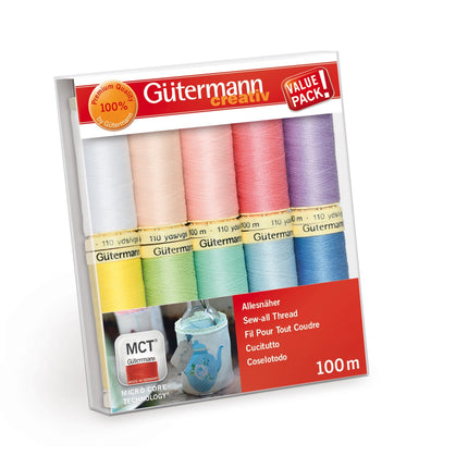 Gutermann thread set packaging with colorful threads and branding on a white background