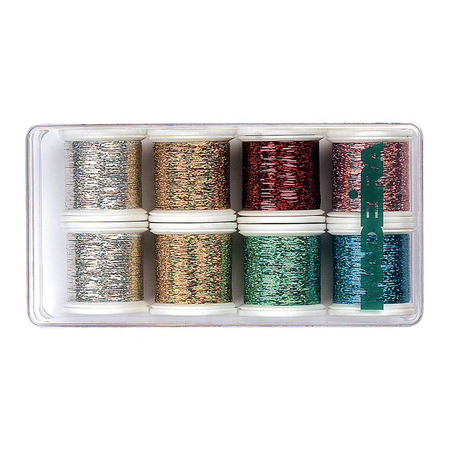 A gift box set containing eight spools of holographic metallic embroidery thread in various colors.