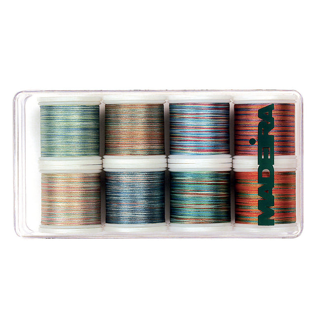 A set of Madeira Polyneon multicolored embroidery threads in 8x200m spools, displayed in a clear plastic case.