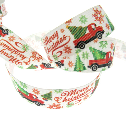 Merry Christmas Ribbon - Truck, Tree & Snow Flakes - 3m - Printed One Side Only