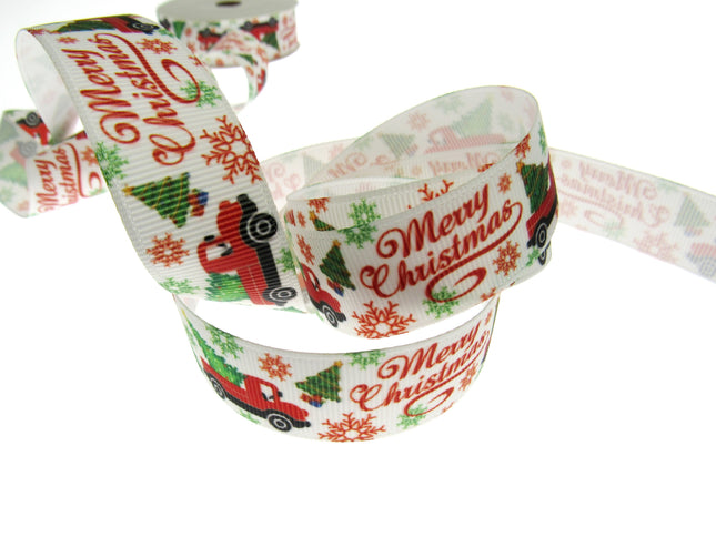 Merry Christmas Ribbon - Truck, Tree & Snow Flakes - 3m - Printed One Side Only