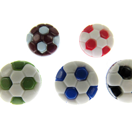An array of 5 football soccer buttons in bright colours set against a white background