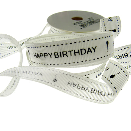 Happy Birthday Ribbon 16mm 10m Roll Ivory Grosgrain with Black Text and Balloon - ThreadandTrimmings