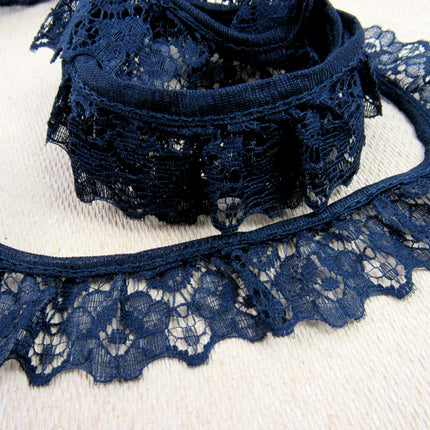 Gathered Frilled Nylon Lace with Large Daisy - 25mm 1" - Nottingham Lace - 2050F - ThreadandTrimmings