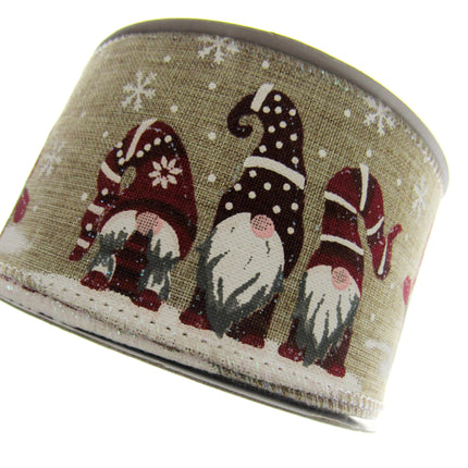 Wired Edge Christmas Ribbon with Elves & Snowflake Design - 63mm Wide - 10m Roll - ThreadandTrimmings