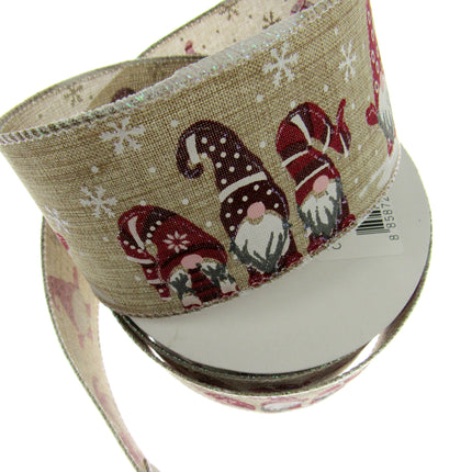 Wired Edge Christmas Ribbon with Elves & Snowflake Design - 63mm Wide - 10m Roll - ThreadandTrimmings
