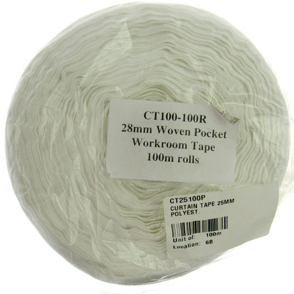 Curtain Header Tape - White Polyester Pencil Pleat Tape -25mm (1") Wide CT25100P - ThreadandTrimmings