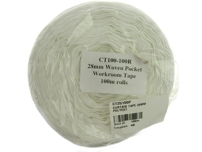 Curtain Header Tape - White Polyester Pencil Pleat Tape -25mm (1") Wide CT25100P - ThreadandTrimmings