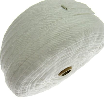 Roll of white woven curtain tape on a white background