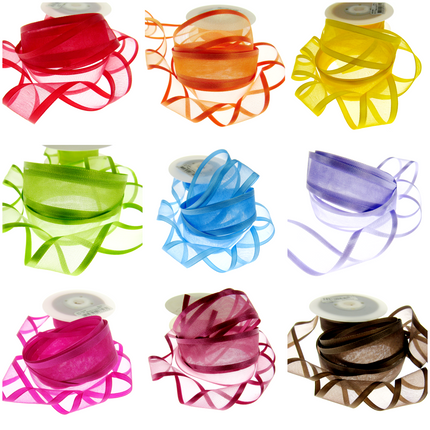 Assortment of Organza Chiffon Ribbons with double-sided satin edges, presented in various colors.
