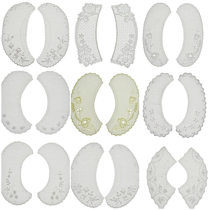 Set of white lace collars with floral patterns on a white backgrounds