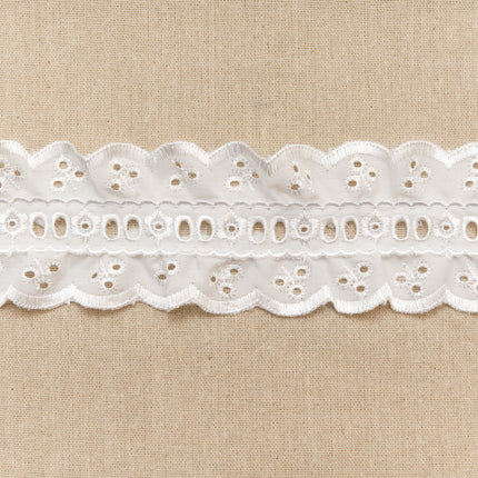 White lace trim on a beige fabric background