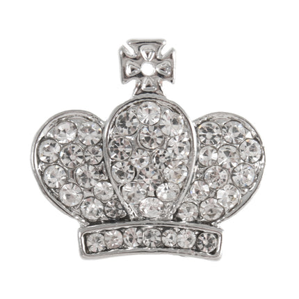 A silver metal diamante crown button with a shank, covered in clear crystals.