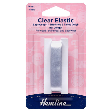 Clear elastic packaging with Hemline branding on a pink background
