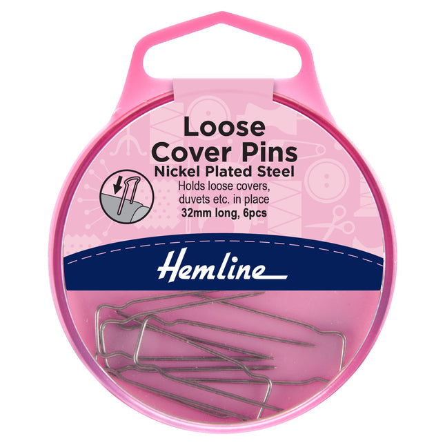 Pink packaging of Hemline loose cover pins with product details on a white background