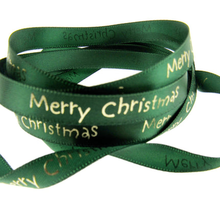 Satin Merry Christmas Ribbon 10mm - Red or Green with Gold Printed Message 54113