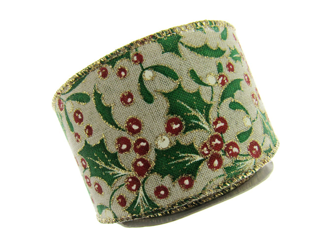 Wired Christmas Ribbon Holly & Berries 38mm/63mm - 2 Meter Length 46085