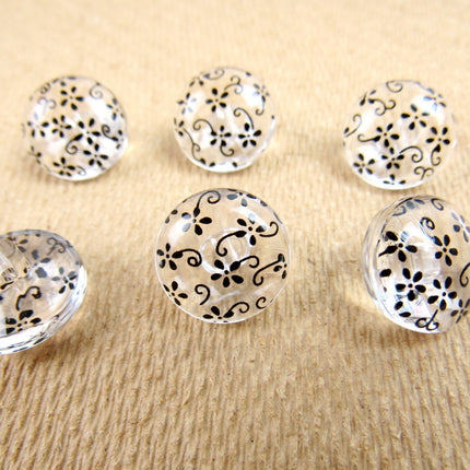 Clear Domed Buttons with Choice of Pretty Subtle Designs Black White 6pcs 15mm - ThreadandTrimmings