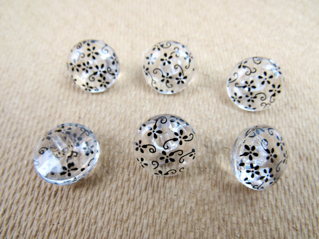 Clear Domed Buttons with Choice of Pretty Subtle Designs Black White 6pcs 15mm - ThreadandTrimmings
