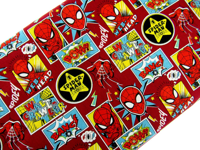Dark Red Cotton Fabric with Spider Man Theme Does Whatever a Spider Can - ThreadandTrimmings