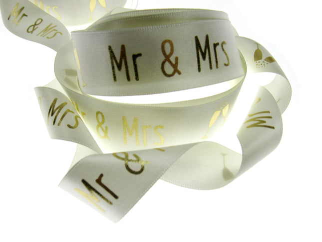 Ivory Satin Wedding Ribbon Mr & Mrs Champagne Glasses Berisfords 3 Meters 25mm - ThreadandTrimmings