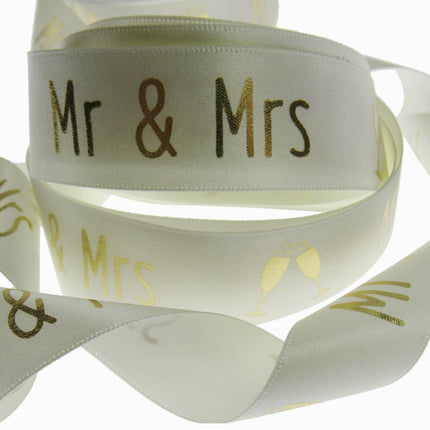 Ivory Satin Wedding Ribbon Mr & Mrs Champagne Glasses Berisfords 3 Meters 25mm - ThreadandTrimmings