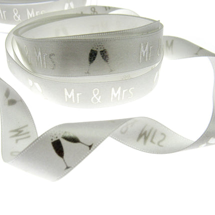 White Satin Wedding Ribbon Mr & Mrs Champagne Glasses Berisfords 3 Meters 15mm - ThreadandTrimmings