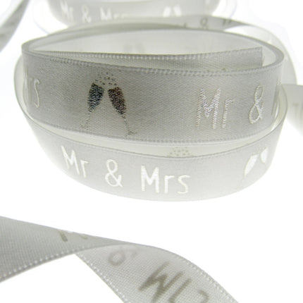 White Satin Wedding Ribbon Mr & Mrs Champagne Glasses Berisfords 3 Meters 15mm - ThreadandTrimmings